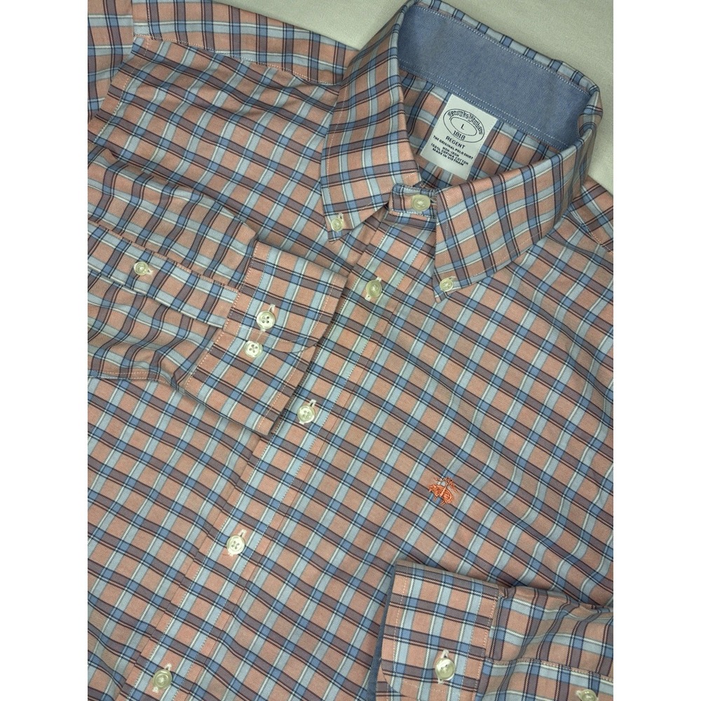 Brooks Brothers Regent Large Plaid Button Down Shirt Blue Salmon 100% Cotton